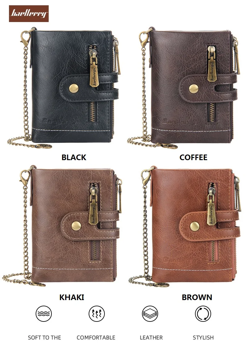 Baellerry 2021 New Wholesale Short Style Double Zipper Wallets With Chain for Men,Male Coin Purse Card Wallets Case Wholesale