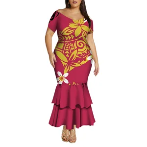 Customize Pacific Island Art Design One Shoulder Mermaid Fishtail Dress for Ladies Deep V Neck Evening Samoan Plus Size Casual