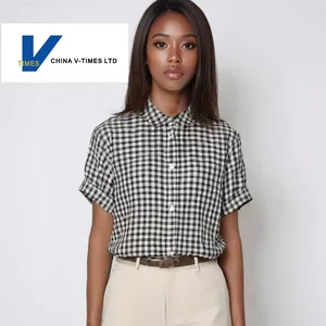 Vintage Plaid Shirt Cotton Short Sleeve Blouse, Relaxed Fit Slimming & Versatile Tops