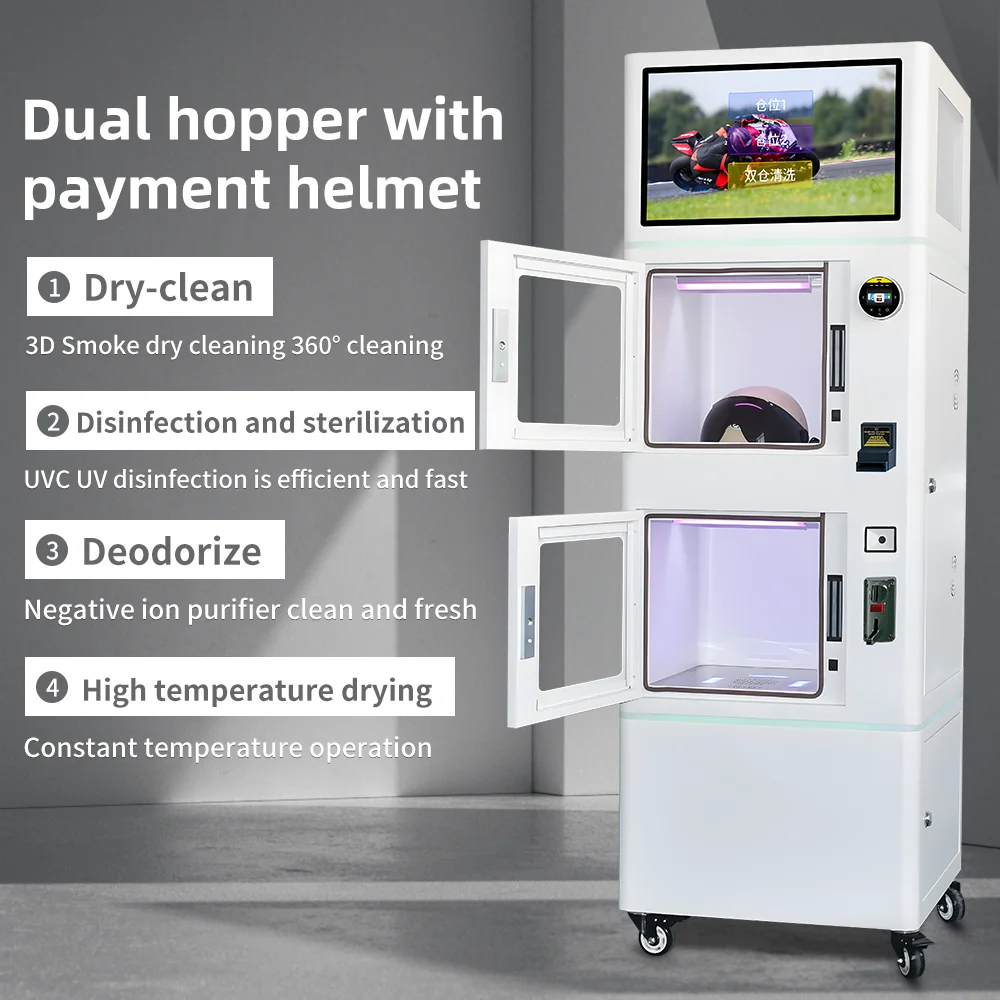 Автоматична машина за чистене на шлемове за мотоциклетни състезания с две секции и мъглив разтвор за почистване, предназначена за мотоциклетни и защитни шлемове