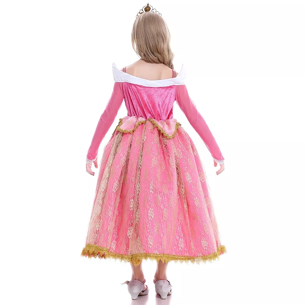 Girls' Birthday Princess Aurora Costume Dress in Pink with Long Sleeves