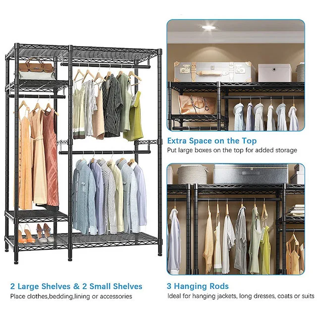 Freestanding Metal Clothing Rack with Shelves - Portable Wardrobe