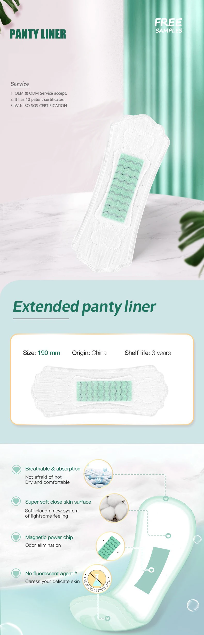 Popular Women No Fluorescent Agent Natural Anion Sanitary Napkin Pads Panty Liner details