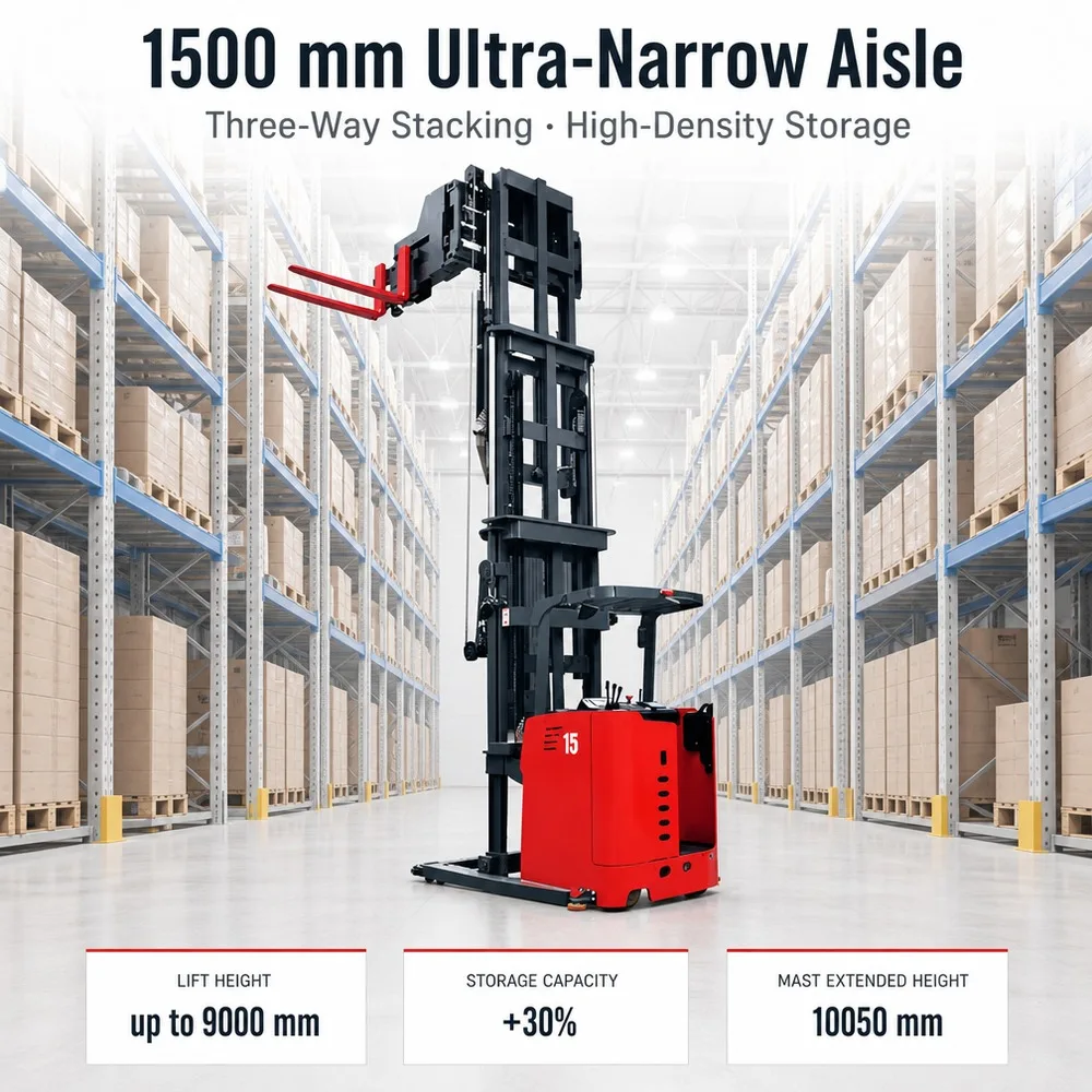 3-way Forklift Very Narrow Aisle Lifter Electric Stacker High Lifting Reach Truck for Warehousing Electric Stacker Forklift