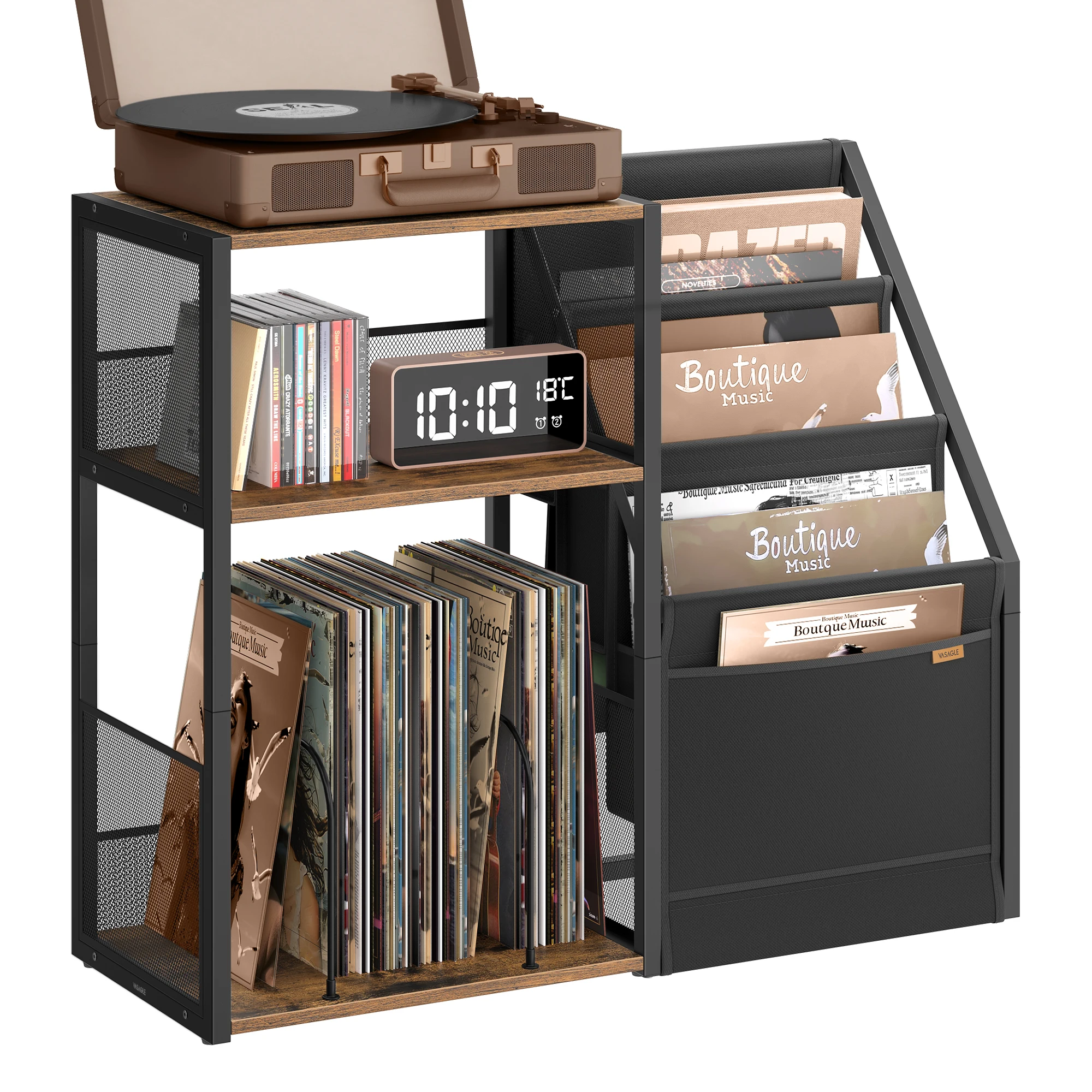 VASAGLE Wood Record Player Stand with Vinyl Record Storage 3-Tier Record Player Stand for 140 Albums