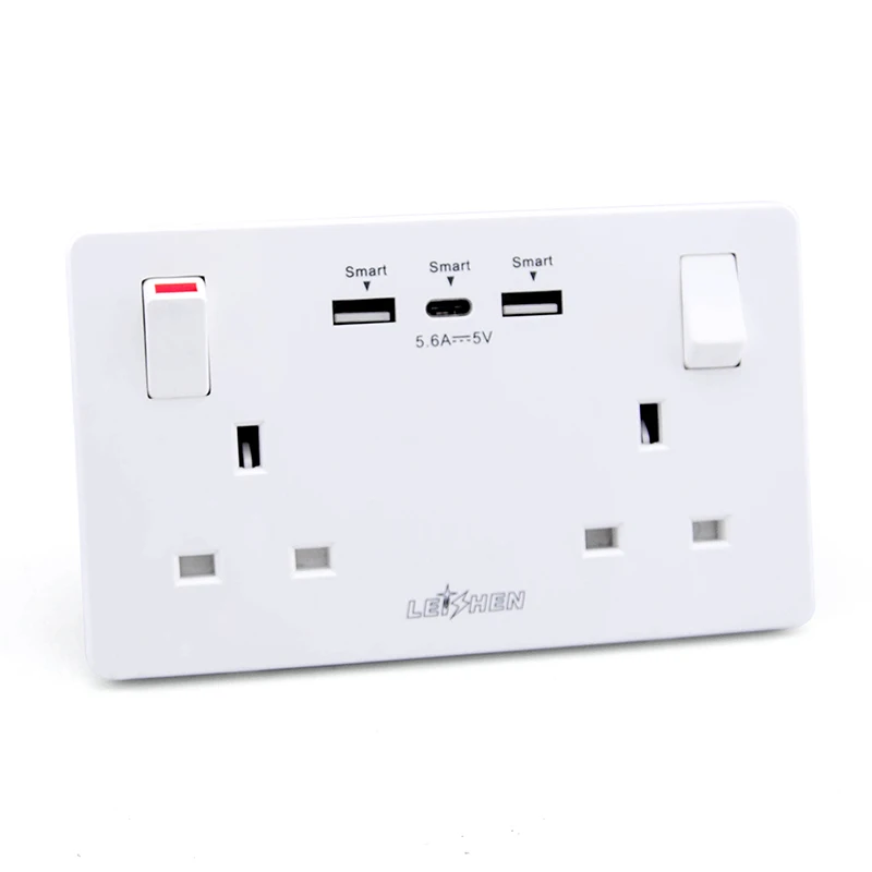 High Quality 13a Uk Electrical Outlet Smart Usb 2 Gang Wall Lighting Switch Socket With 36a 0292