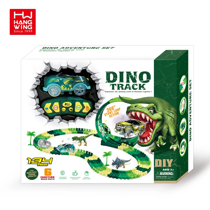 134pcs 6channel Remote Control Rotating Roller coaster DIY Assembling Dinosaur Track Car with Lights Kids Toys Gifts