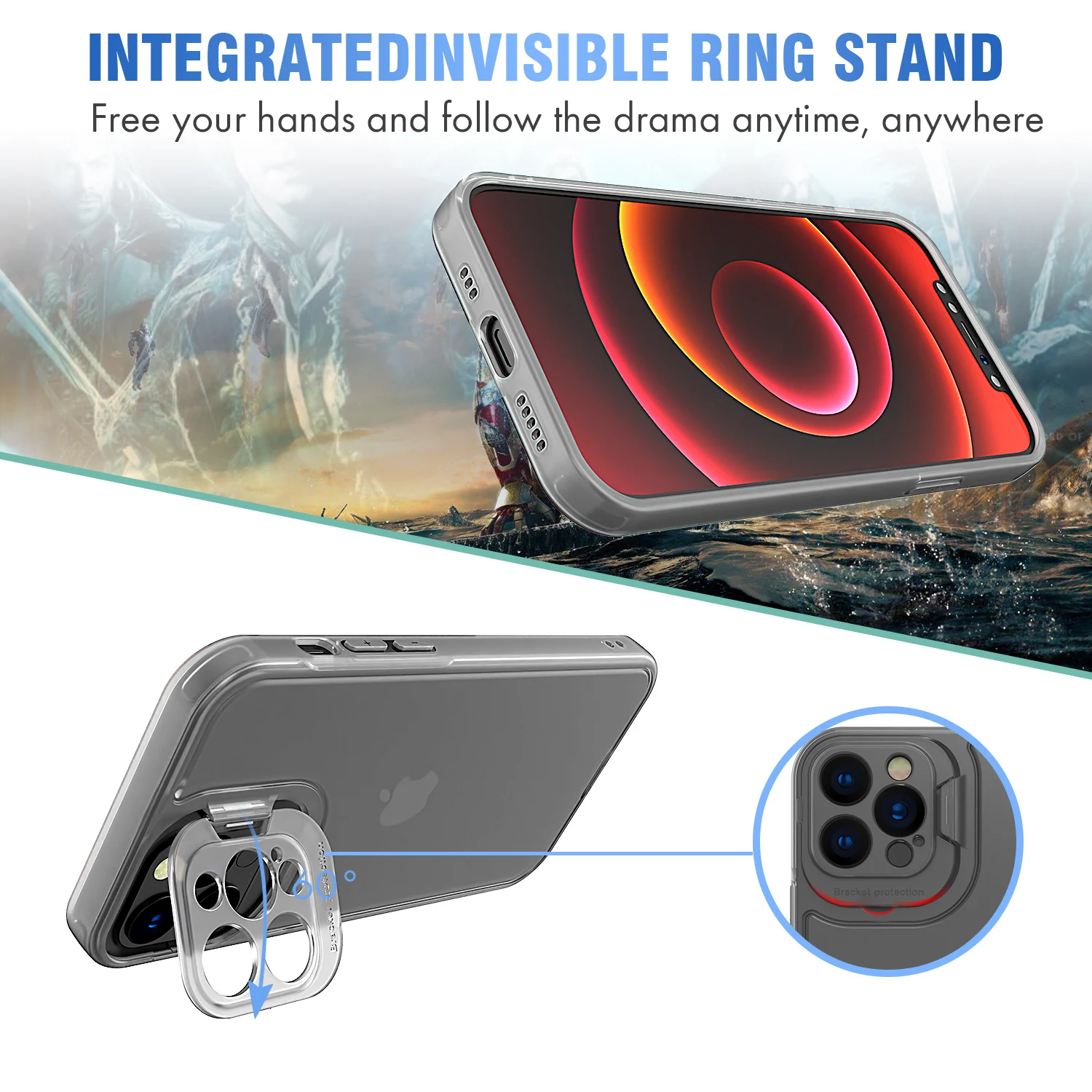 キックスタンドケース iPhone13 ProMax スマホケース カバー 折りたたみ式インビジブルステントブラケットキックスタンドカメラ保護モバイルカバーPCTPUハイブリッド電話カバーケースiPhone13 ProMax用