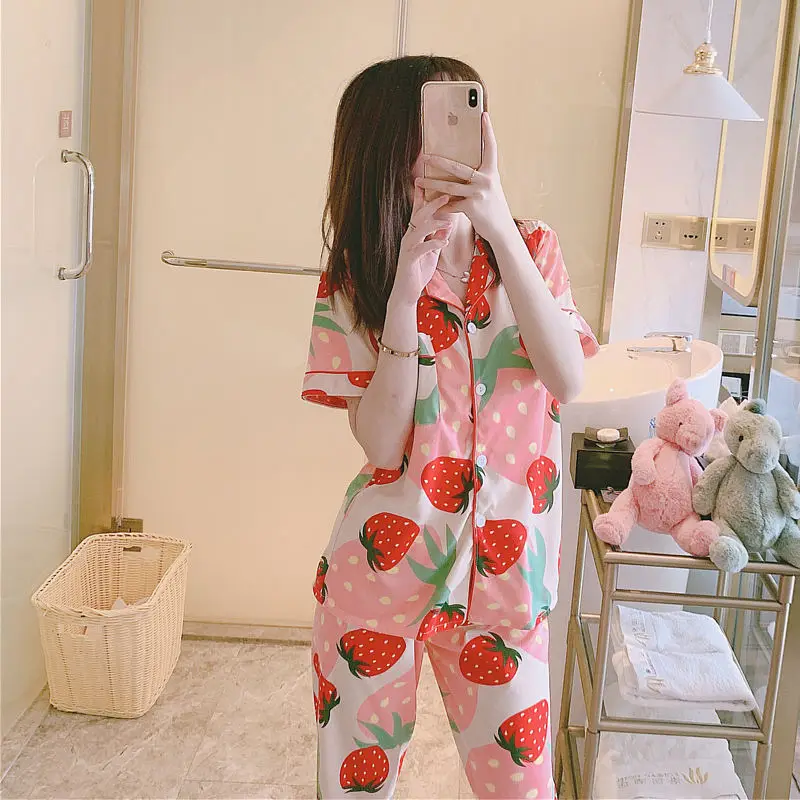New Korean Sleepwear Pijamas Soft Loose Pyjamas Short Sleeve Long Pants