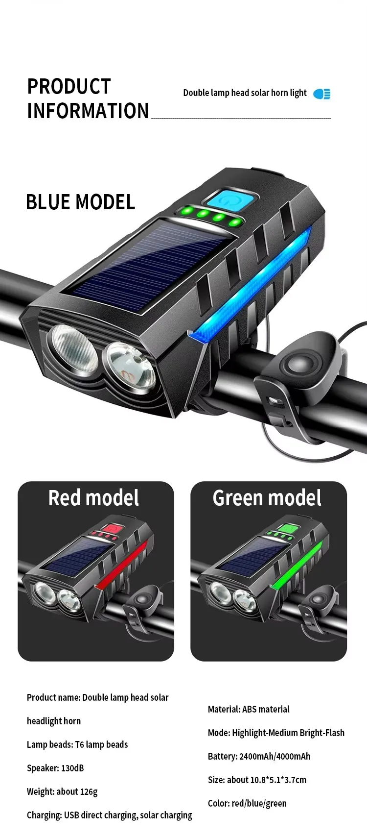 Bicycle Front Lights Remote Solar Bicycle Light Power Bank Bike Lamp Bicycle Headlight With Horn Solar Charging