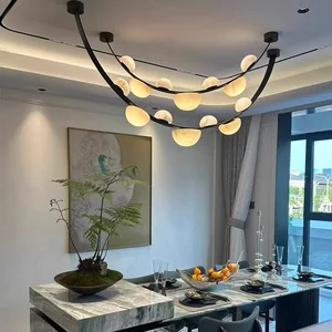 Minimalist Modern Spanish Natural Marble Chandelier Adjustable Height Luxury Leather Design for Living Room Restaurant Island