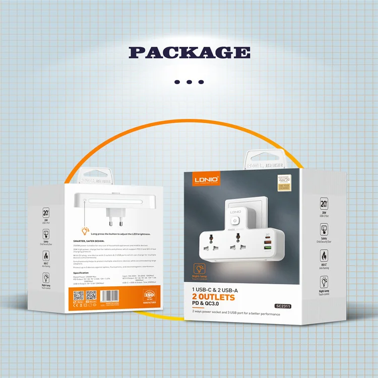 LDNIO SC2311 Extension Power Socket With Switch USB Power Strip With EU UK US Plug and LED Night Lamp 2 Outlets 3 USB QC 3.0/PD