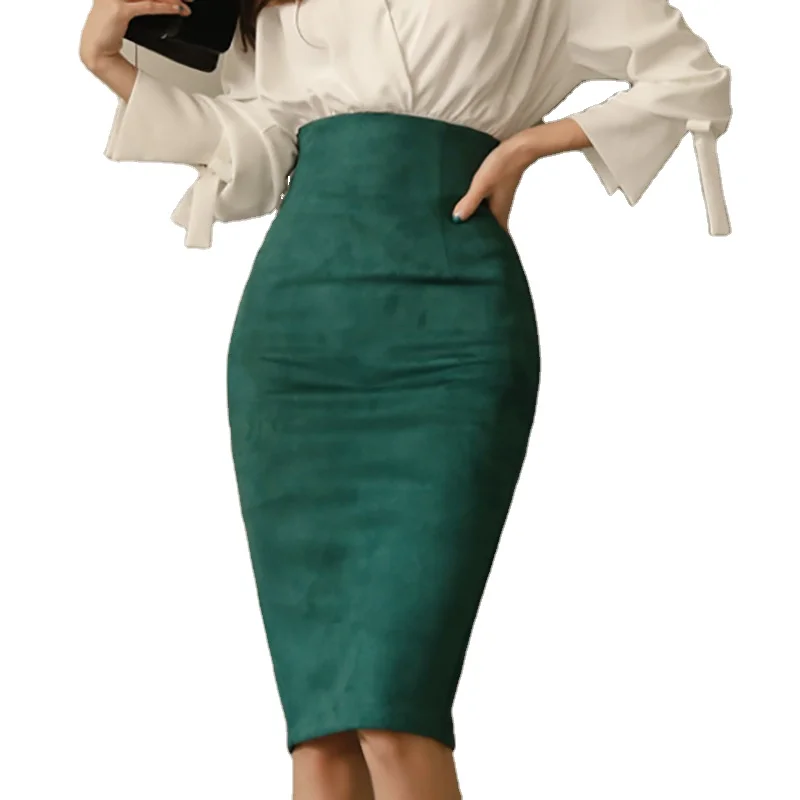 Moda Lápiz Verde De Cintura Alta Faldas De Ropa De Wrapa Falda De Señora De La Oficina - Buy Falda Para Dama De Oficina,Falda De Sólida,Ropa De Gamuza Ajustada