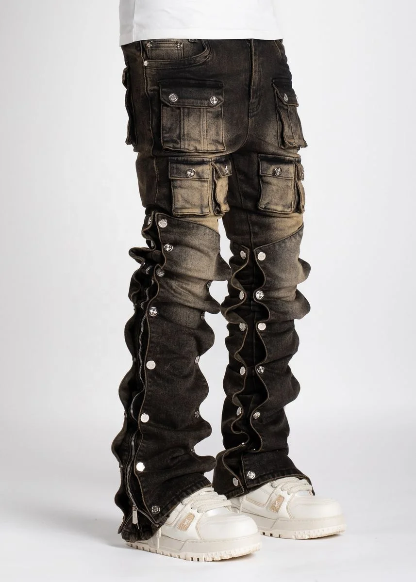 Salati Custom New Sun Faded Stone Acid Wash Boot Cut Carpenter Skinny Distressed Man Cargo Denim Pant Trousers Stacked Men Jeans gallery 2