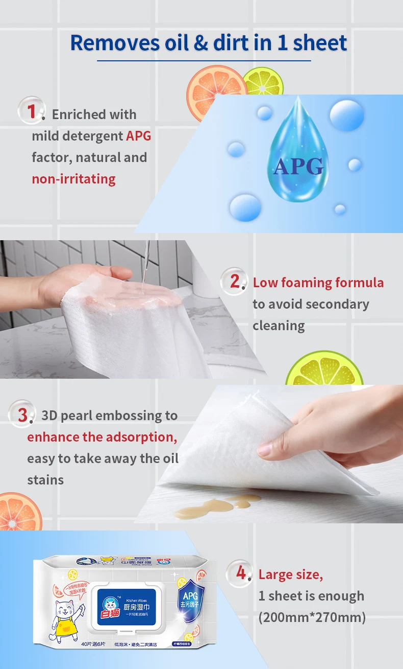 1.Enriched with mild detergent APG factor, natural and non-irritating 2.Low foaming formula to avoid secondary cleaning, 3.3D pearl embossing to enhance the adsorption,easy to take away the oil stains