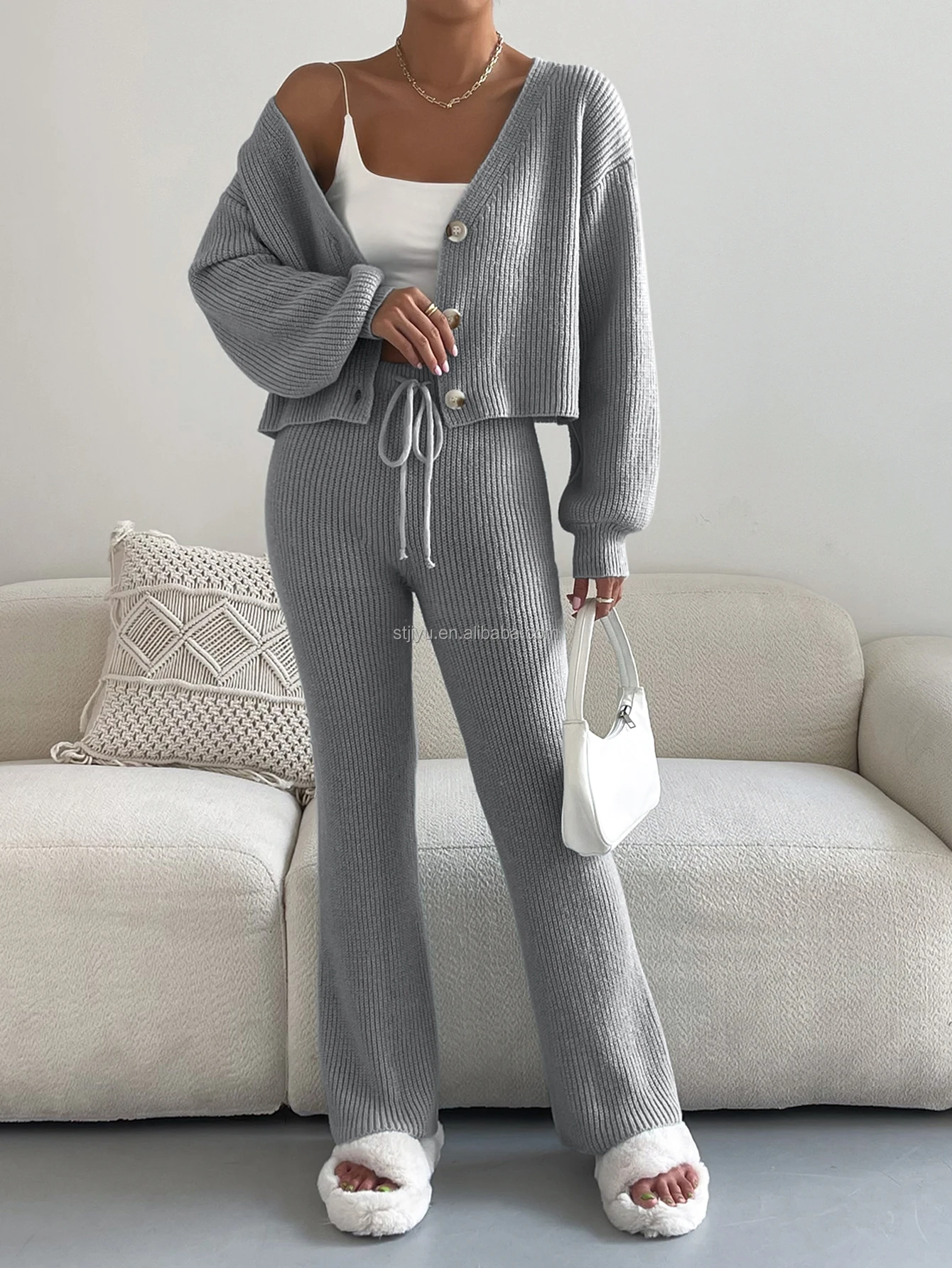 New Design Cardigan And Pants Knit With Long Pants Two Piece Sweater ...