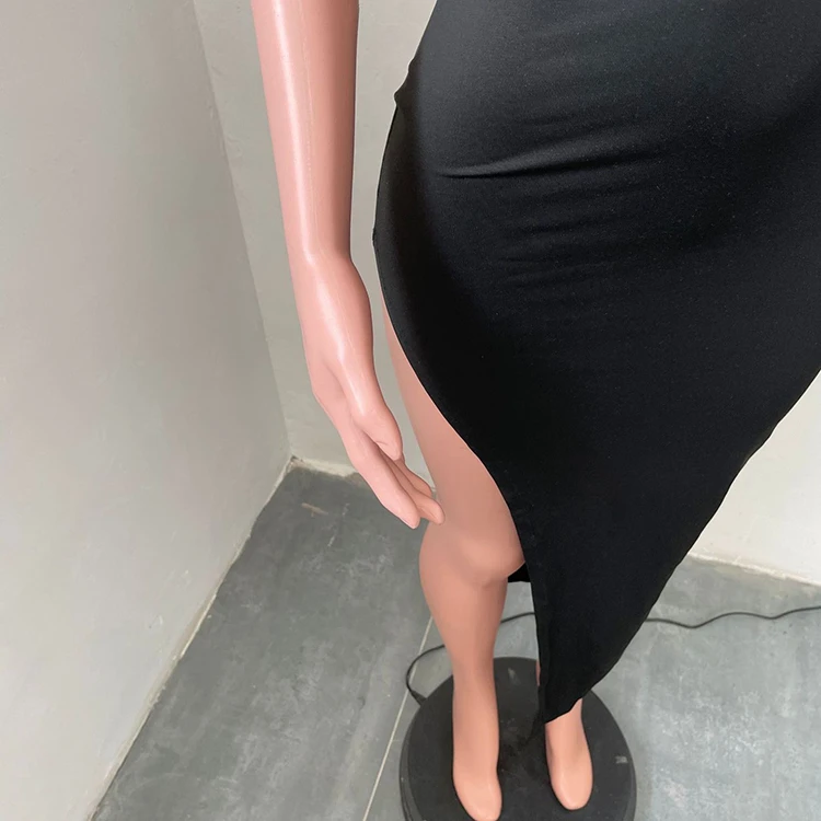 Best Design Summer Dress 2021 Casual Solid One Shoulder Holes High Slit Fashion Women Long Dresses