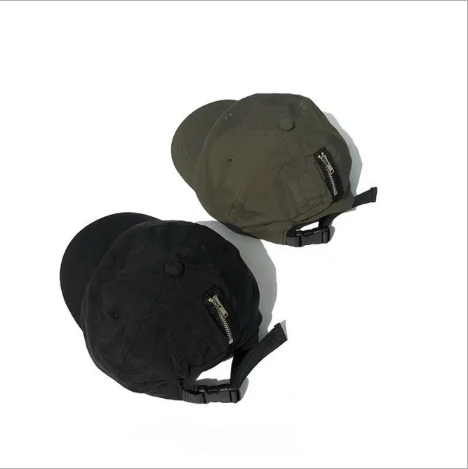 Customized 100% nylon black pocket baseball cap with zipper button and metal buckle quick dry dad cap