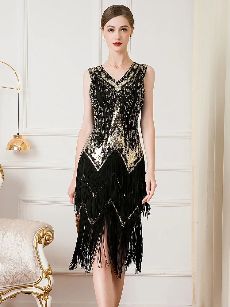 Retro Women's Flapper Dresses 1920s Beaded Fringe Great Gatsby Dress  Roaring 20's Theme Harlem Night Jazz Event Party Dress