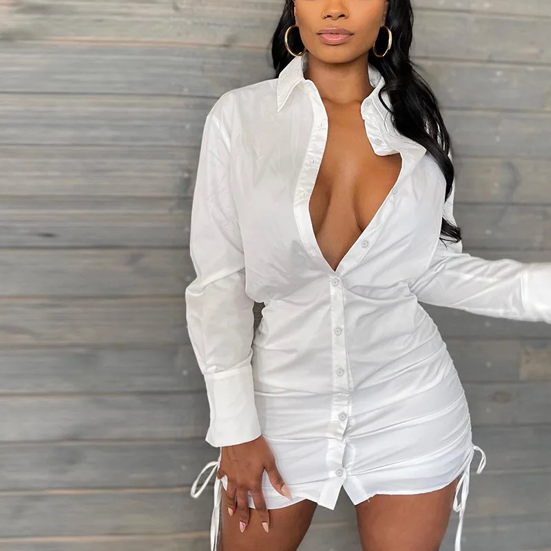 sexy white shirt dress White Tie Front Plunge Wrap Shirt Dress