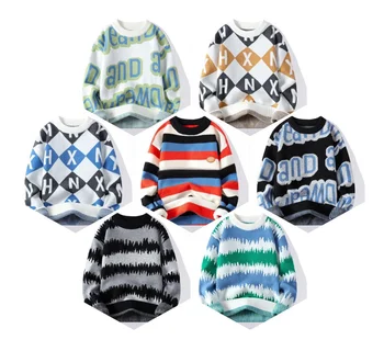 OEM Custom Logo Pullover Mens Knitwear Jumper cotton viscose knitted Striped Sweater with embroidery letter pullover for men