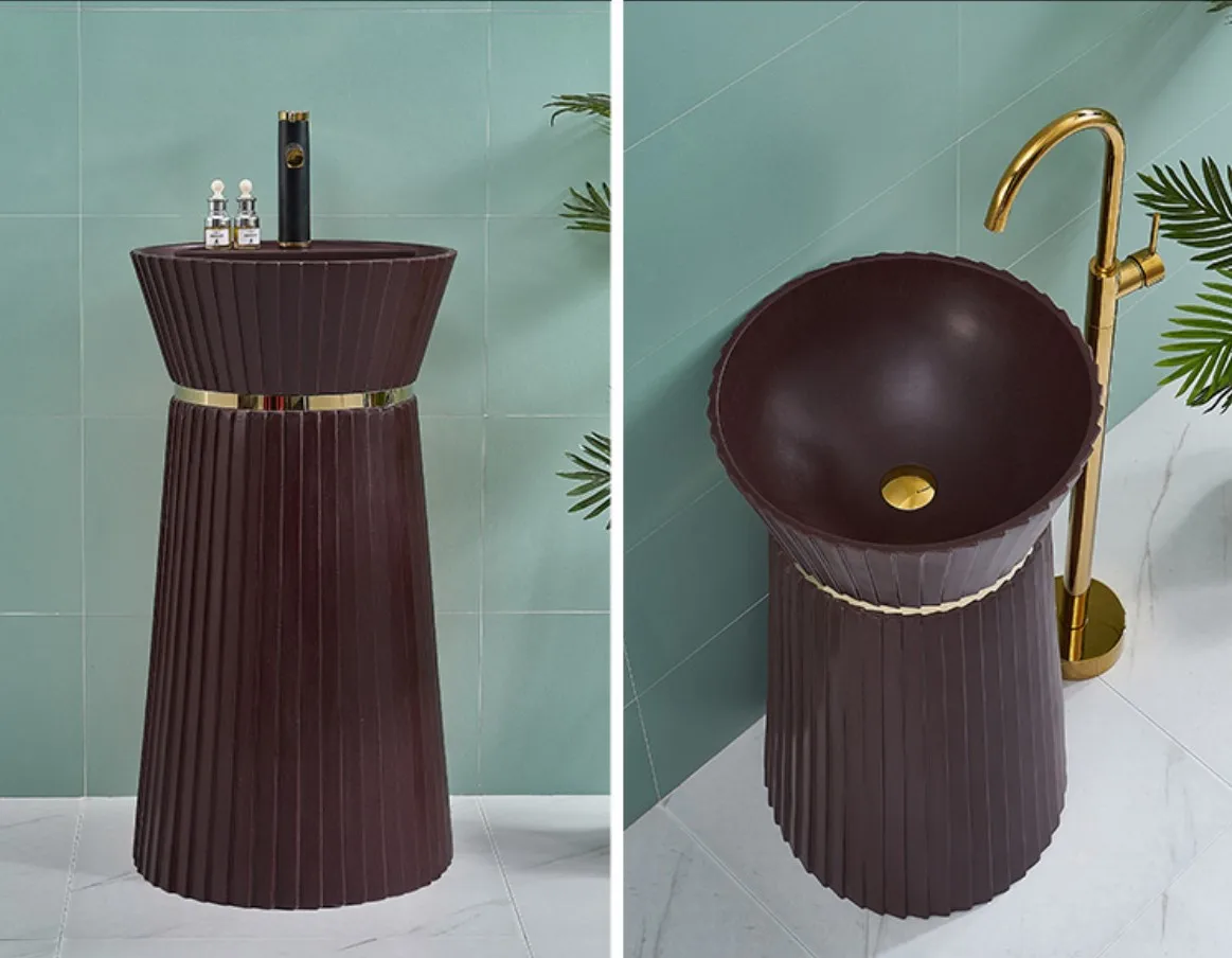 Hotel luxury black artificial stone one piece good quality bathroom freestanding pedestal sink hand wash basin factory