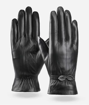 Women's leather gloves warm and fleece windproof riding winter thickened electric vehicle gloves