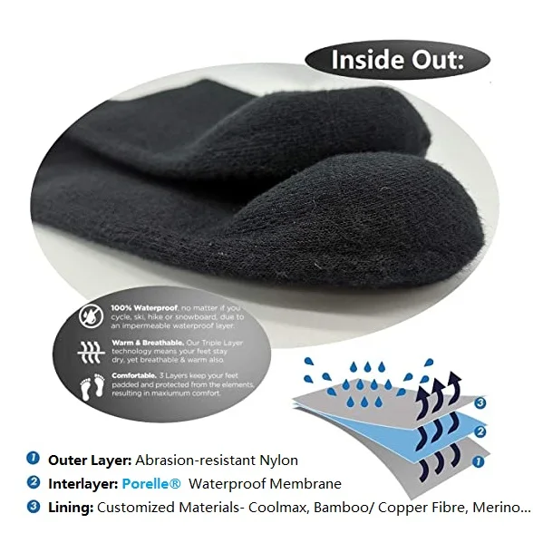 New Developed Custom Logo Porelle Membrane 45% Merino Wool Waterproof Socks
