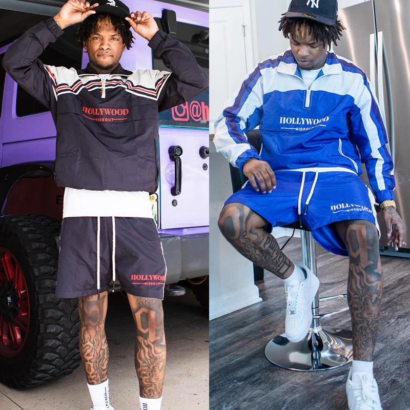 Custom Wholesale Casual 2 Piece Oversized Sweat Suits Sets Printed Zip up Polyester Jogger Mens Windbreaker Tracksuit Shorts Set gallery 4
