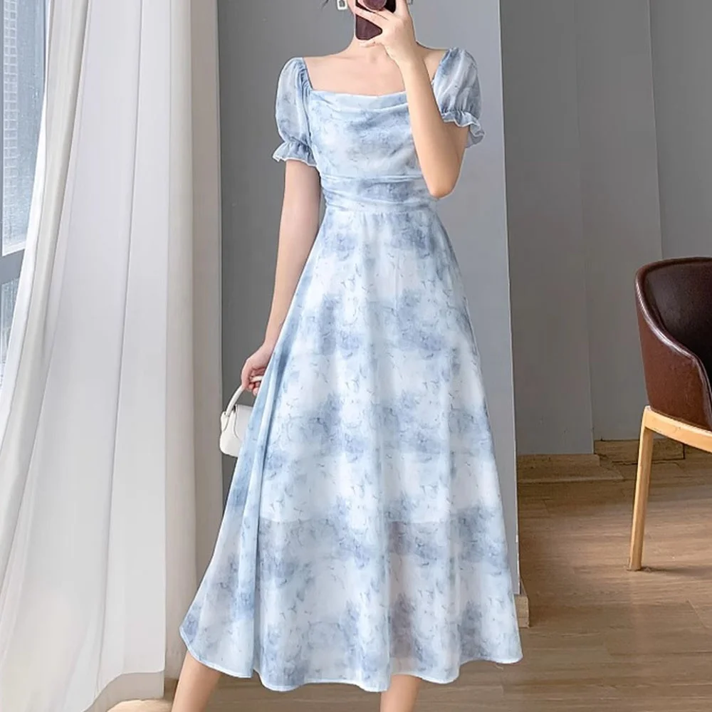 navy blue dress for baby girl Summer Outfits White Ladies Summer Short Sleeve V Neck Lace-up Beach Dress  Elegant Floral Printed Slim Dress Women Fashion Small Fresh A-Line Dresses main image 0