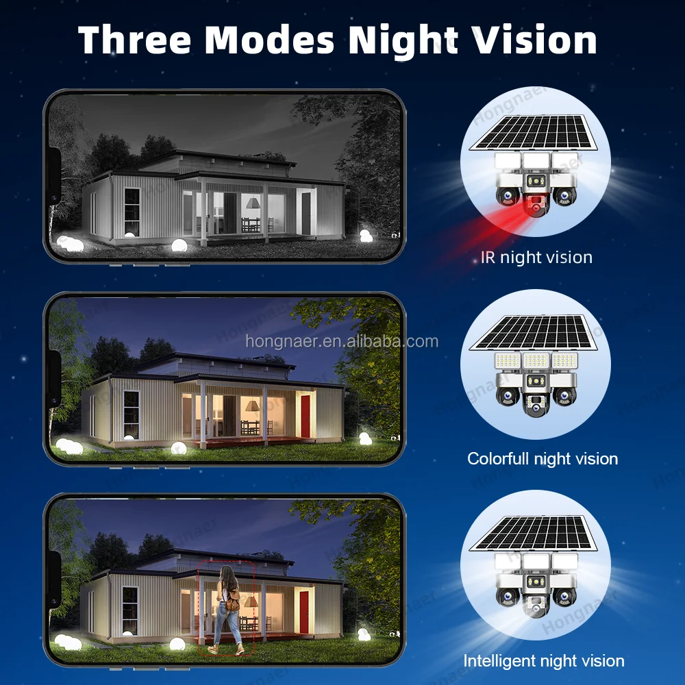 Hongnaer 6MP 3 Video 3 Lens Wireless Solar Panel Powered CCTV PTZ Camera V380 Pro Outdoor WiFi 4G Sim Card Solar Security Camera