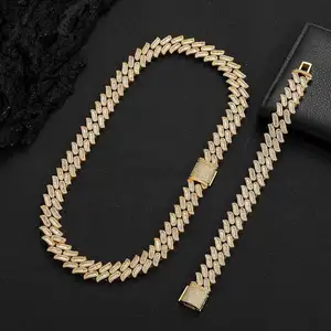New Design Alloy 14k 18k Gold Plated Mixed Inlaid Zircon 15mm Miami Cuban Link Chain Necklace