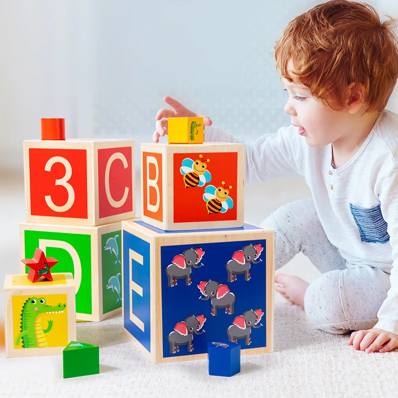 Montessori-Materialien Stapelbare Boxen, Lernwürfel, Bausteine für 2 Jahre alte Babys, Frühkindliche Lernspielwaren zum Sortieren und Stapeln