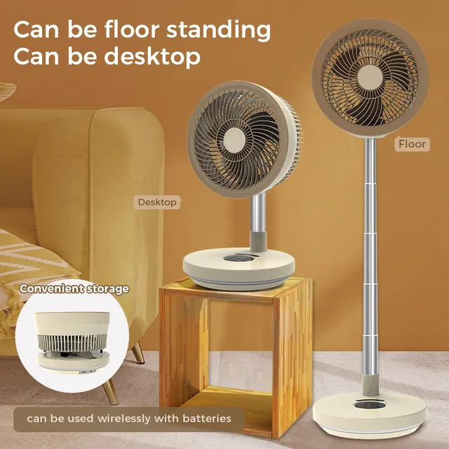 10-Inch USB-Powered DC Folding Electric Pedestal Floor Fan LED Light Remote Control Telescopic Rechargeable Standing Fan