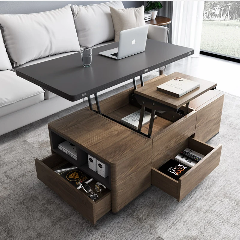 Multi-function Modern Folding Coffee Table  Tea Table Wooden with Stools and Wheels for Living Room Furniture