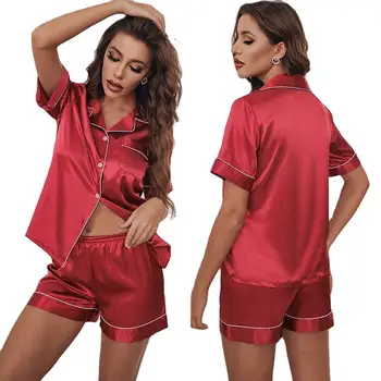 2 Pieces Sets Sleep Wear Women's Luxury Pyjamas 2 Pc Short Sleeve Satin Silk Pajamas Set For Women