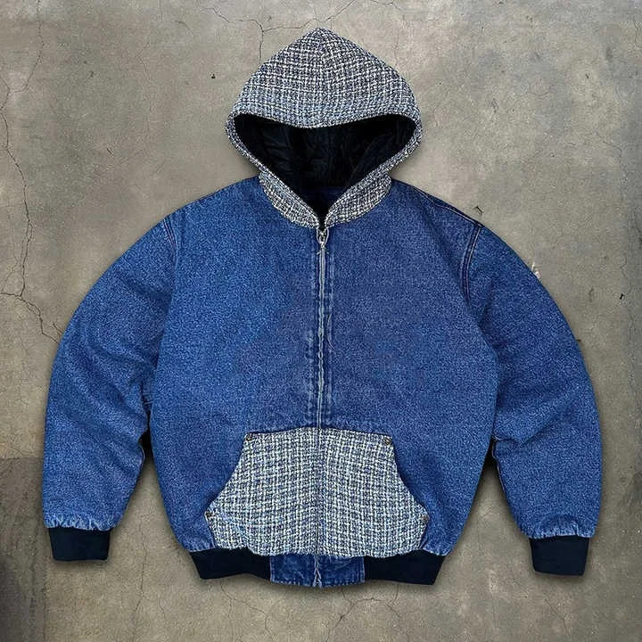 Salati Man Hoodie Jacket Manufacturer Custom Canvas Oversized Zipper Stitching Tweed Outwear Jeans Denim Jackets for Men Stylish gallery 5