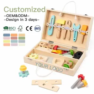 Children Role Play Toy Wooden Toolbox Game Pretend Assembly Screws and Nuts Tool Box Set Wooden Educational Toy for Kids