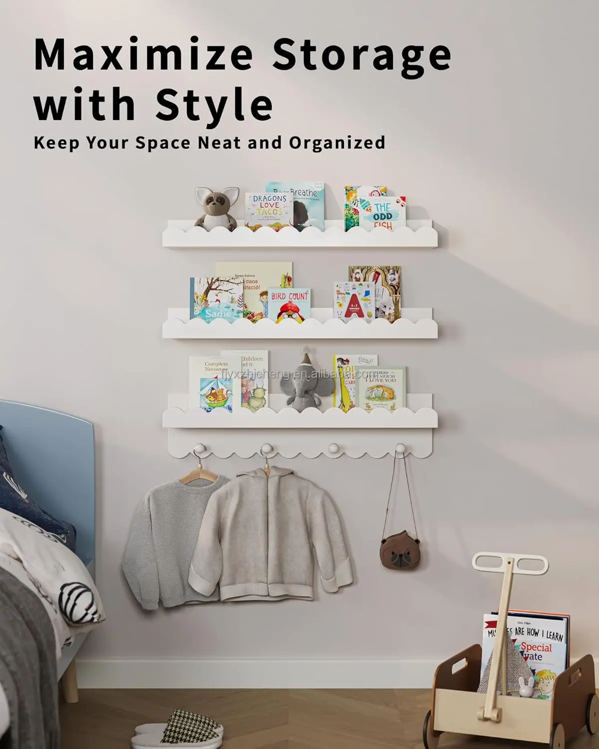 product nursery book shelves space saving modern decorative design with scalloped shelves and coat hooks set of 3-5