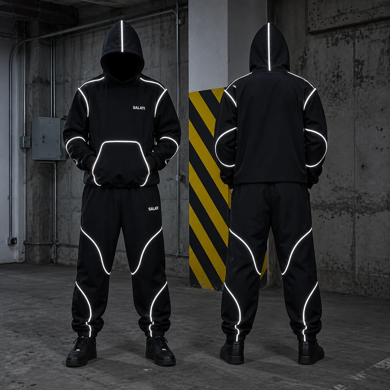 OEM Custom Mens Sweatsuit Set Reflective Piping Hooded Sweatshirt Loose Joggers Casual Y2K Urban Streetwear Men Tracksuit Set