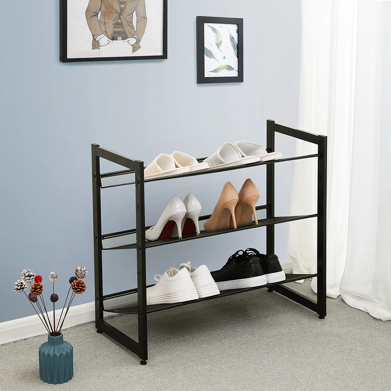 SONGMICS Customized Shoe Rack Tiers Mesh Shelves Stackable Metal Steel  Shoe Rack for Hallway