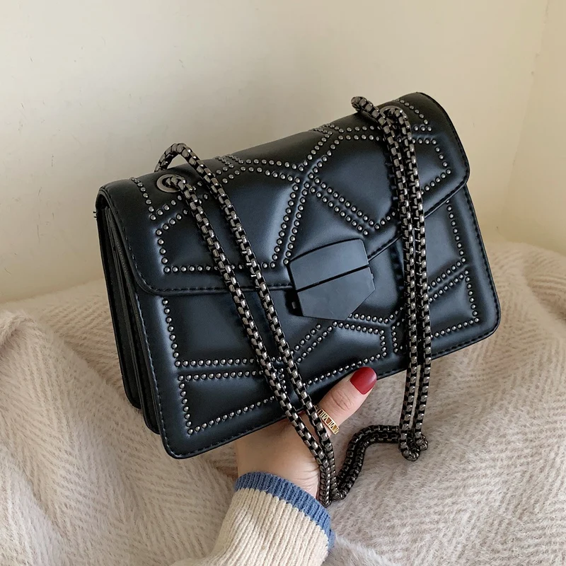 2019 Fashional Women Rivet Handbags Lady Square  bag  chain  single Shoulder Bags