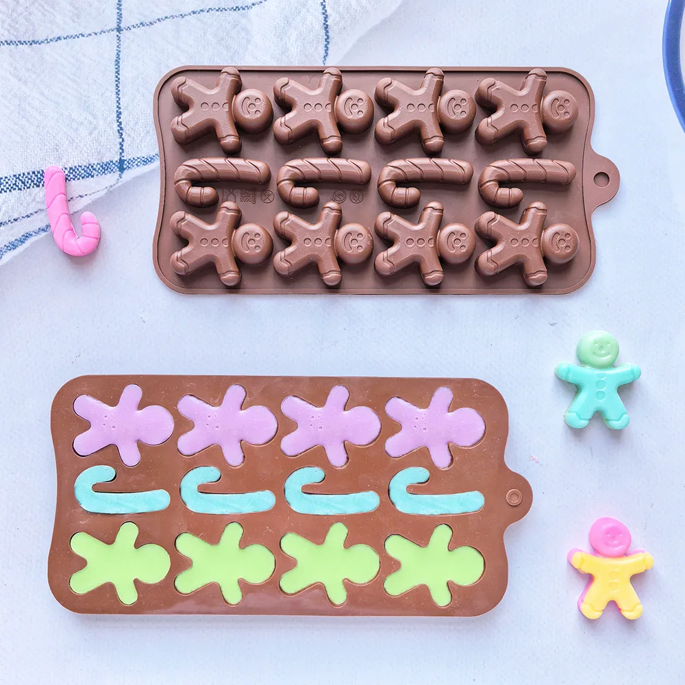 Food Grade Eco-Friendly Gingerbread Man Silicone Chocolate Mold Rectangle Christmas Cartoon Kitchen Baking DIY manufacture