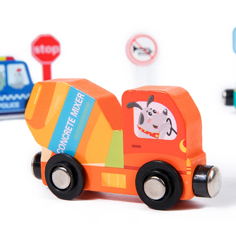 Wooden Four Wheeled Toy Car Traffic Train Road Signs Children's