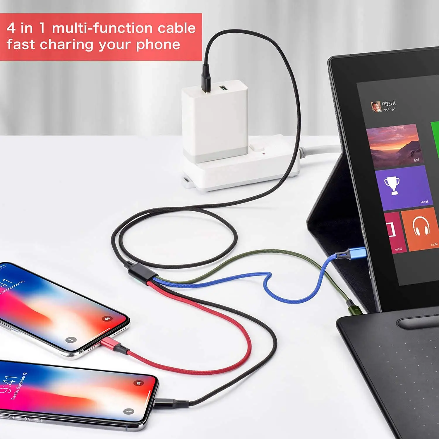 4 in 1, Mini Usb Connector, Braided Cable, 2 Meters