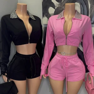 Huili Manufacturer Oem Turn Down Collar Long Sleeve Crop Top & Shorts 2025 Custom Two Piece Women Clothing Women's Shorts Set