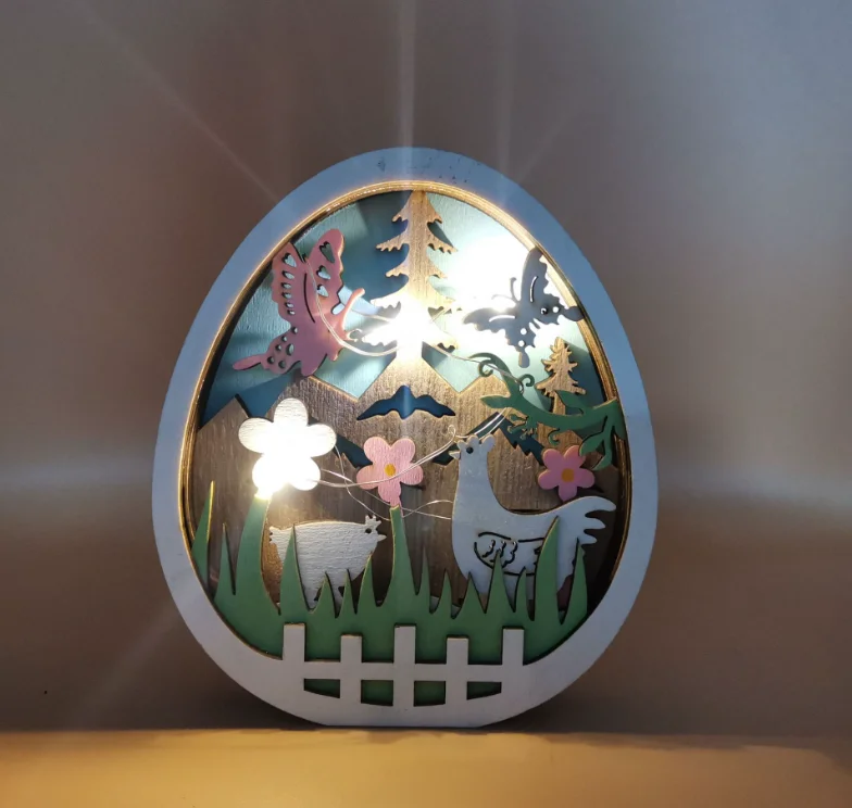 High Quality Carved Multi Layer Easter Egg Chicken With LED Light Wood Table Decorations for Home Wooden Animals Carving Crafts