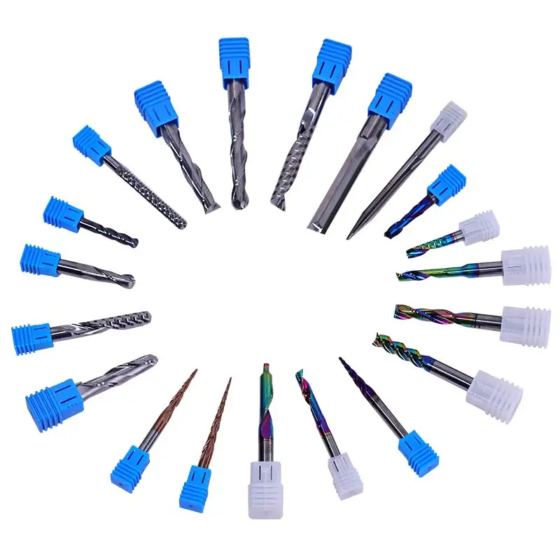 OEM Alloy 1/4 1/8 HRC65 Nano Blue Coating CNC Router Bit Sets Solid Carbide 2 Flute Carving Wood Bit Set Custom ODM Support