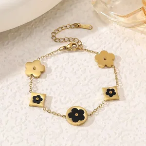 18K Gold Five-leaf Clover Stainless Steel Unisex Double-Sided Fritillary Flower Bracelet Necklace Set