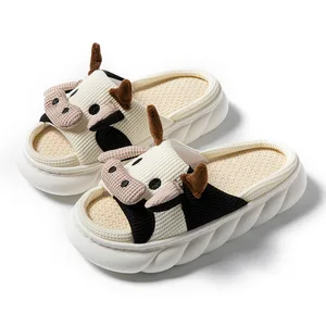 Unisex Indoor Linen PVC for Slippers Cushioning Cartoon Animal Print Anti-Slip White Slides Sandals for Women Soft Summer Spring